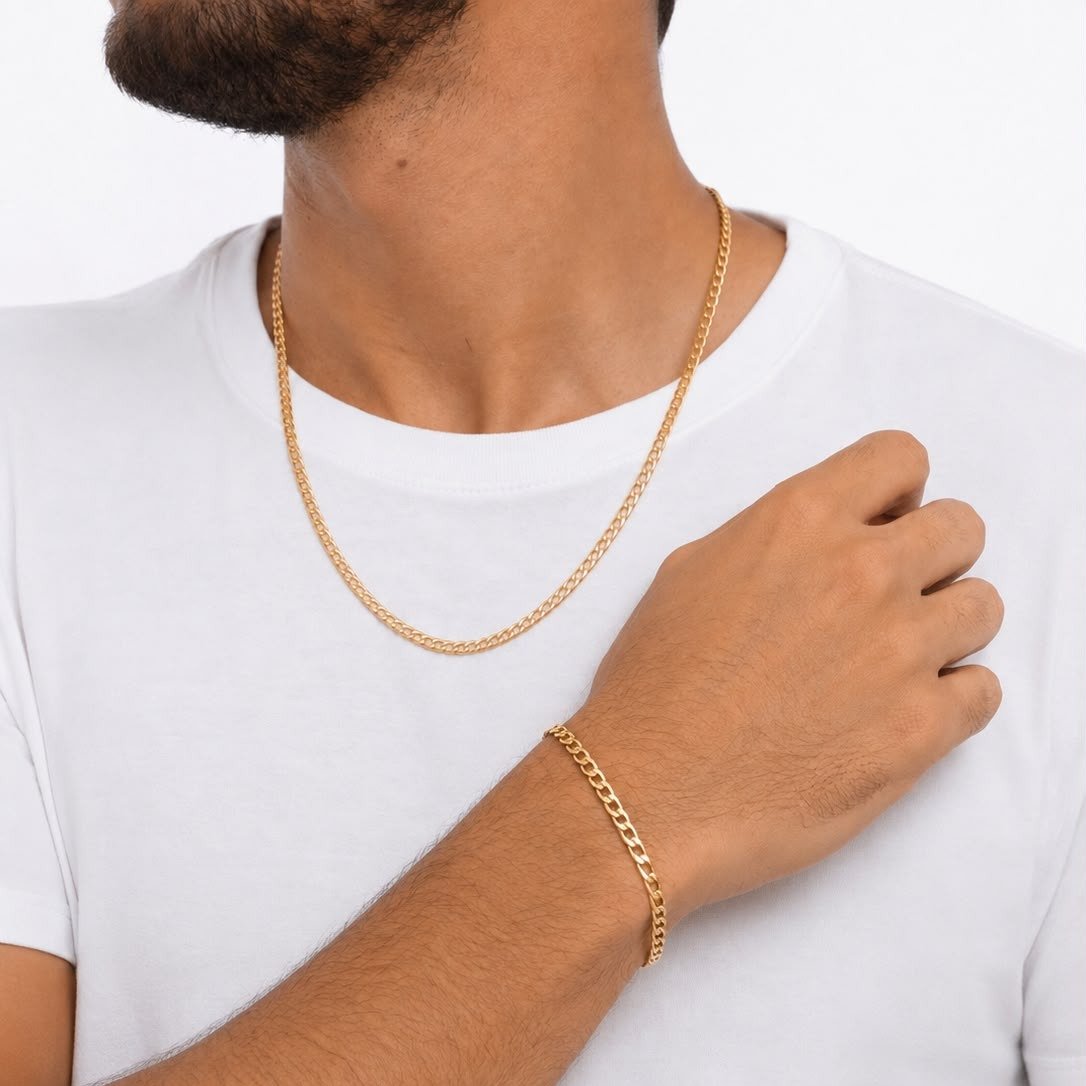 Conjunto Colar e Pulseira Elo Grumet Banho Ouro 18k