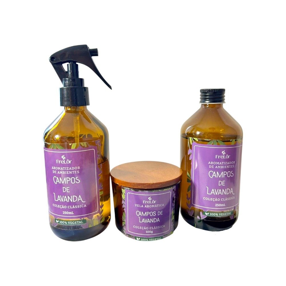 Kit Home Spray, Vela e Difusor de Varetas Lavanda 