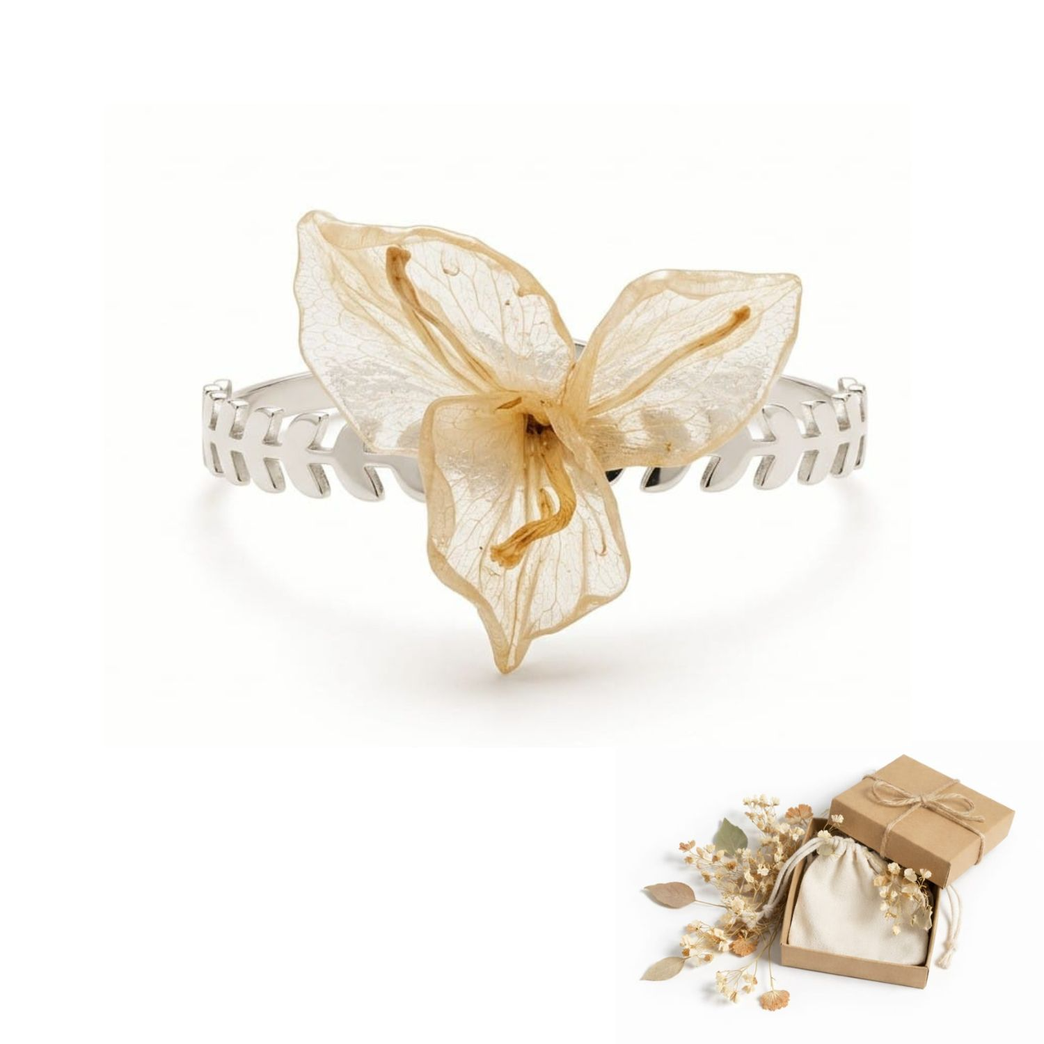 Joia Botânica Bracelete Bougainvillea Banho Prata