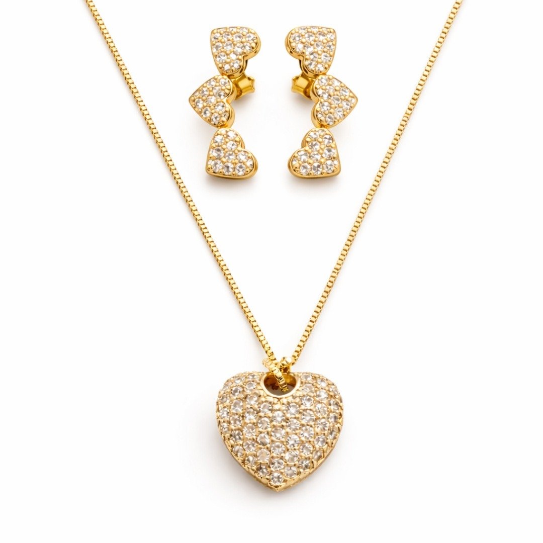  Conjunto Coração Pavê Ouro 18K Semijoia Premium