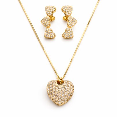 Conjunto Coração Pavê Ouro 18K Semijoia Premium