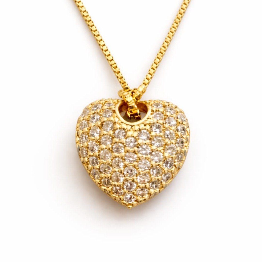  Conjunto Coração Pavê Ouro 18K Semijoia Premium