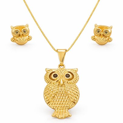Conjunto Coruja Dourado Semijoia Premium Luxo