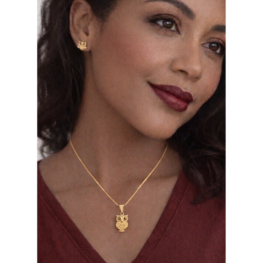 Conjunto Coruja Dourado Semijoia Premium Luxo