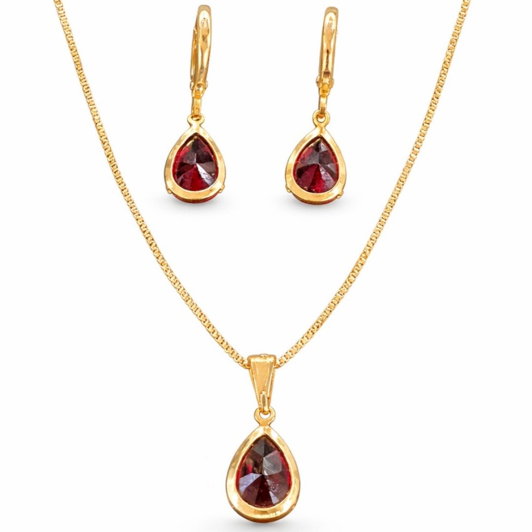 Conjunto Gota Vermelha Dourado Feminino Luxo