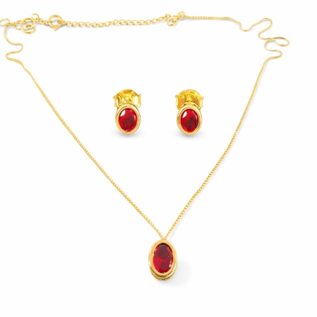 Conjunto Dourado com Pedra Vermelha Oval Luxo