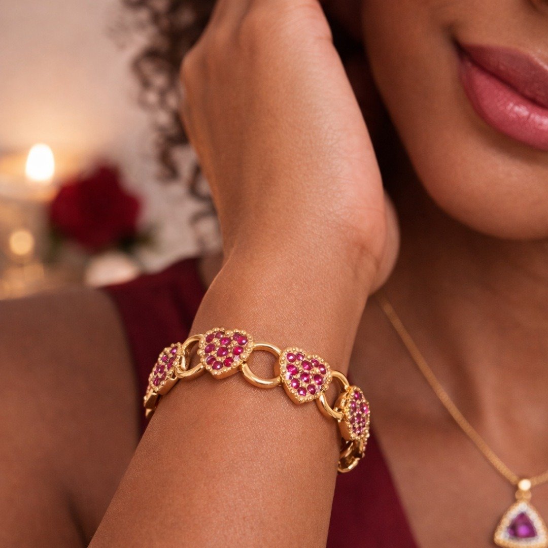 Pulseira Corações Rosa Dourada com Zircônias