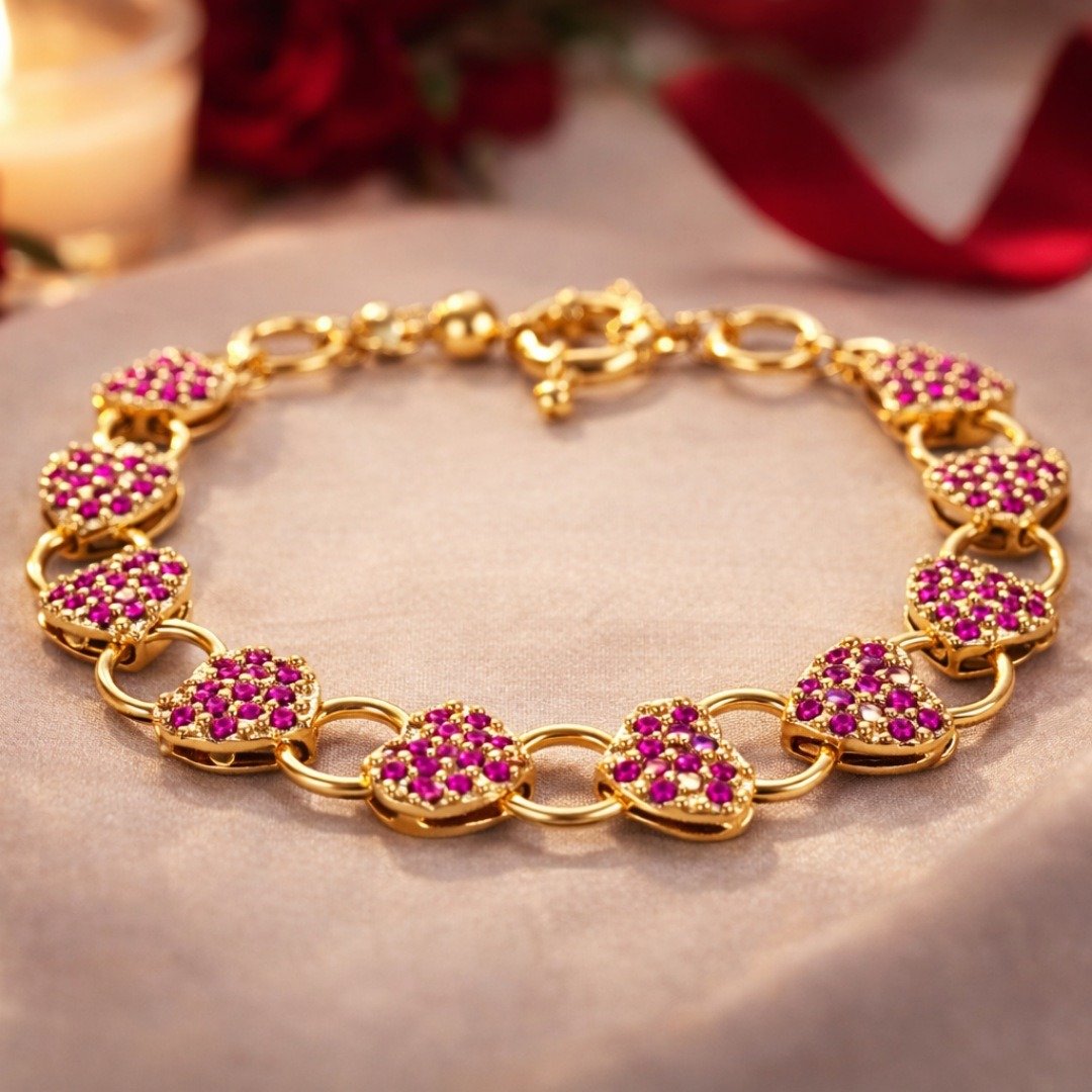 Pulseira Corações Rosa Dourada com Zircônias