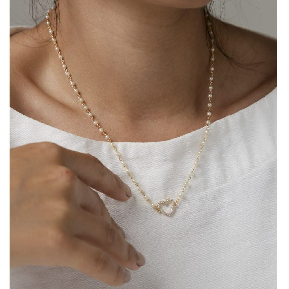 Colar Pérola Com Coração Cravejado Banhado Ouro 18k