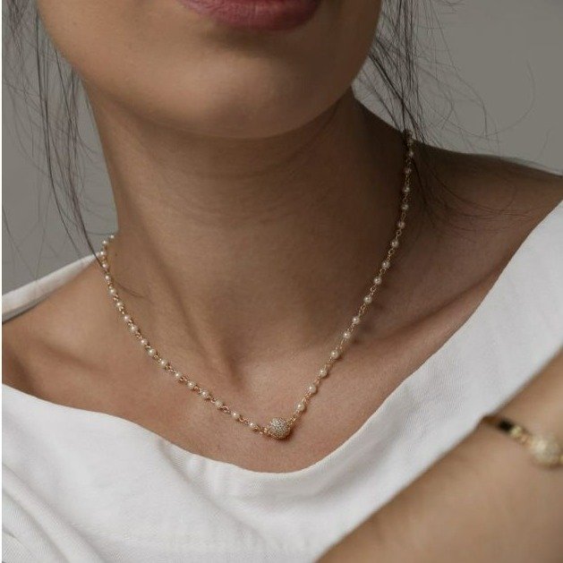 Colar Pérola Bolinha Cravejada Banhado A Ouro 18k