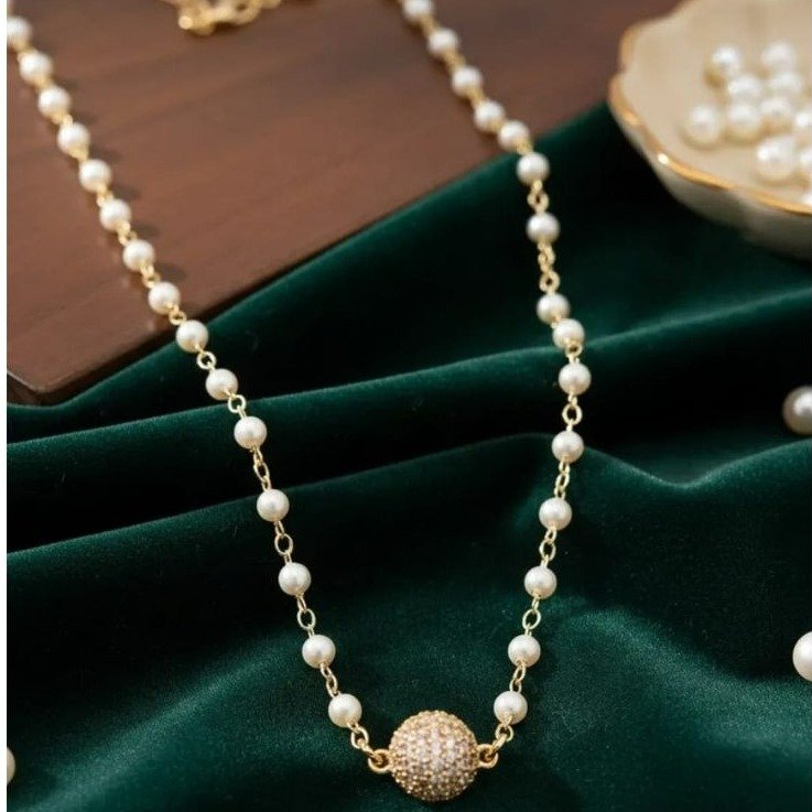 Colar Pérola Bolinha Cravejada Banhado A Ouro 18k