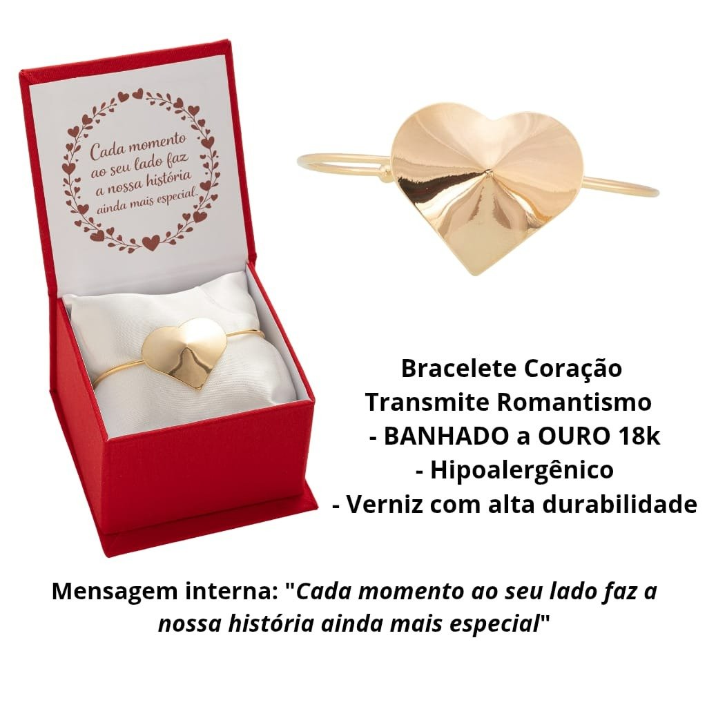 Bracelete Coração Banhado a Ouro 18k Caixa Mensagem