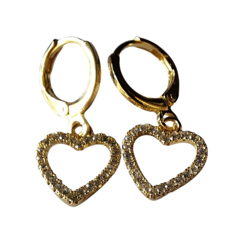 Brinco Ouro Argola Coração Cravejado