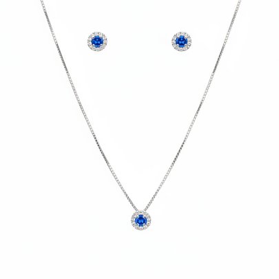 Conjunto Colar Pingente e Brincos Azul - Prata 925