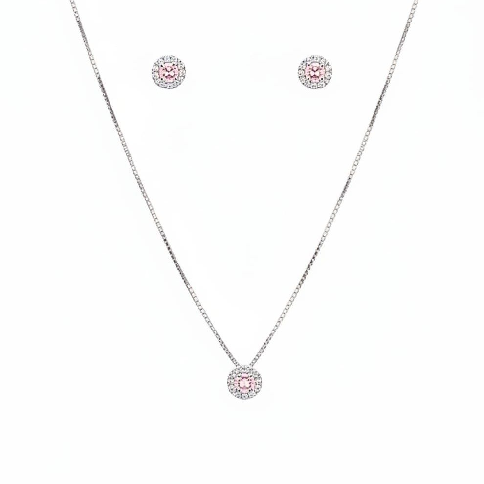 Conjunto Colar Pingente e Brincos Rosa Claro Prata 925