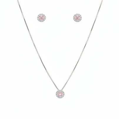 Conjunto Colar Pingente e Brincos Rosa Claro Prata 925
