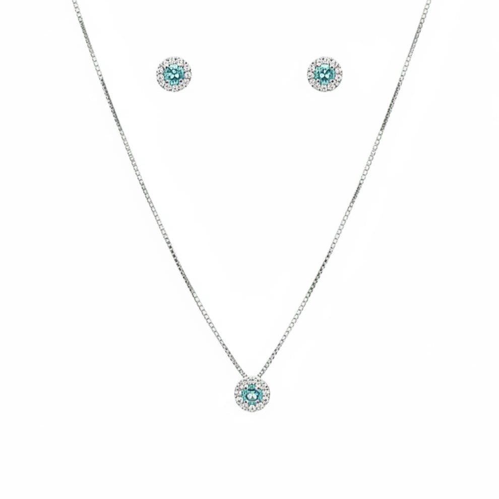 Conjunto Colar Pingente e Brincos Verde Água Prata 925