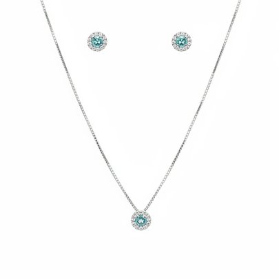 Conjunto Colar Pingente e Brincos Verde Água Prata 925