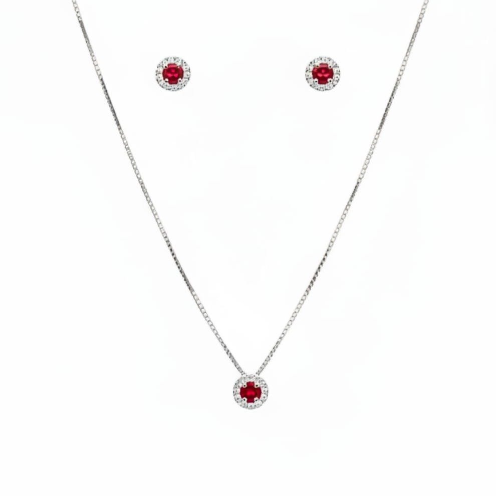Conjunto Colar Pingente e Brincos Vermelho - Prata 925
