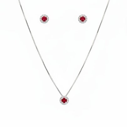 Conjunto Colar Pingente e Brincos Vermelho - Prata 925