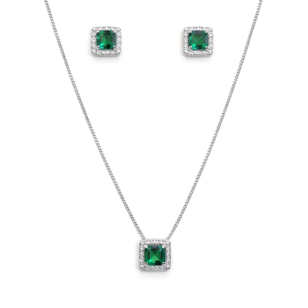 Corrente Pingente e Brincos Quadrados Verde Prata 925