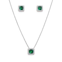 Corrente Pingente e Brincos Quadrados Verde Prata 925
