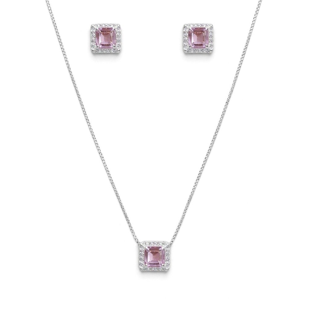 Corrente Pingente e Brincos Quadrados Rosa Prata 925