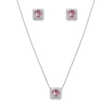 Corrente Pingente e Brincos Quadrados Rosa Prata 925