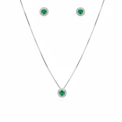 Conjunto Colar Pingente e Brincos Verdes  Prata 925