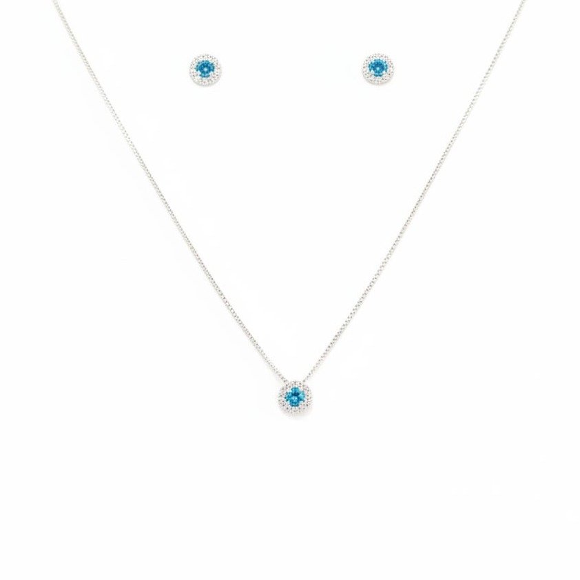 Conjunto Colar Pingente e Brincos Azul Bebê Prata 925