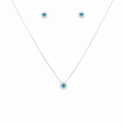 Conjunto Colar Pingente e Brincos Azul Bebê Prata 925