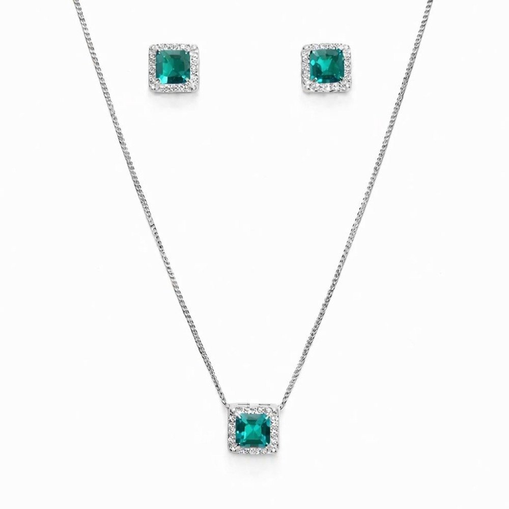 Corrente Pingente e Brincos Verde Tiffany Prata 925