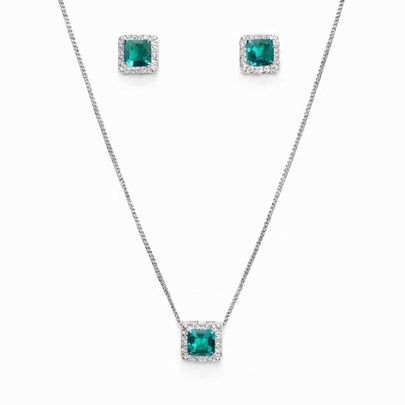 Corrente Pingente e Brincos Verde Tiffany Prata 925