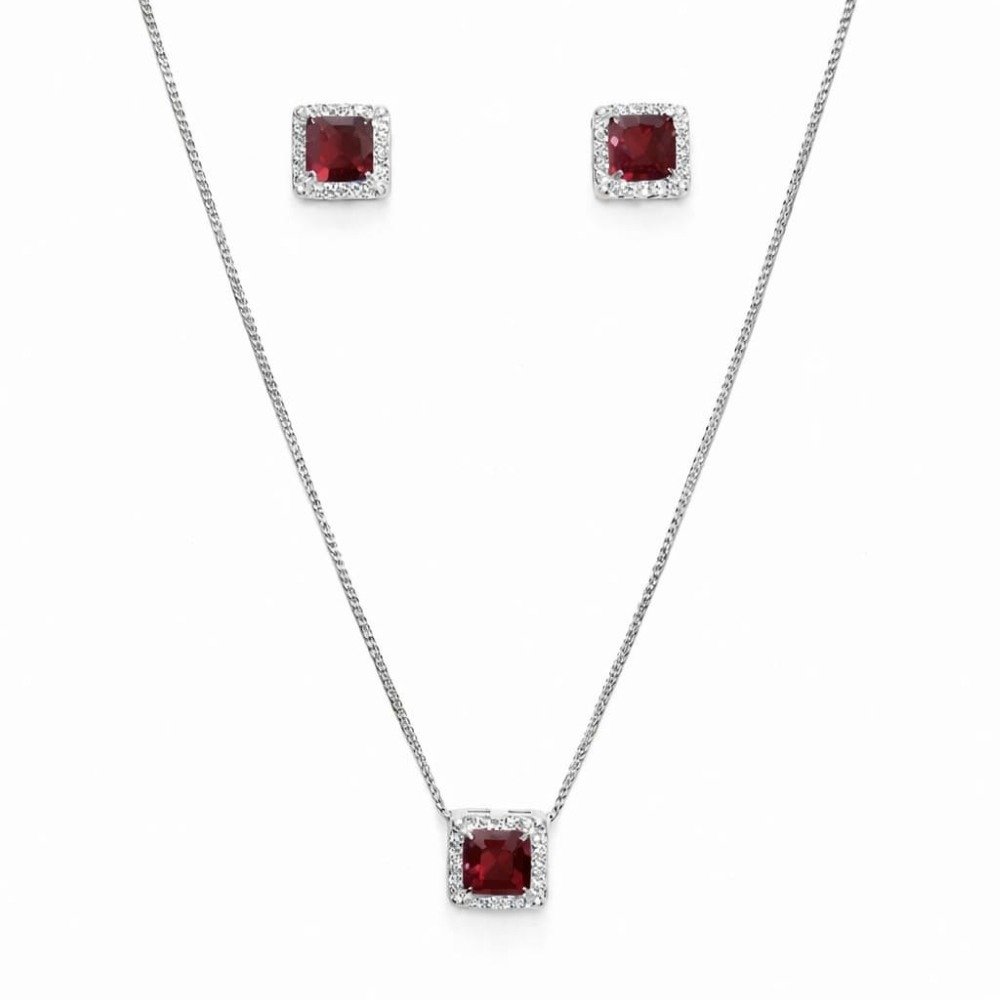 Corrente Pingente e Brinco Quadrado Vermelho Prata 925