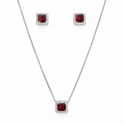 Corrente Pingente e Brinco Quadrado Vermelho Prata 925