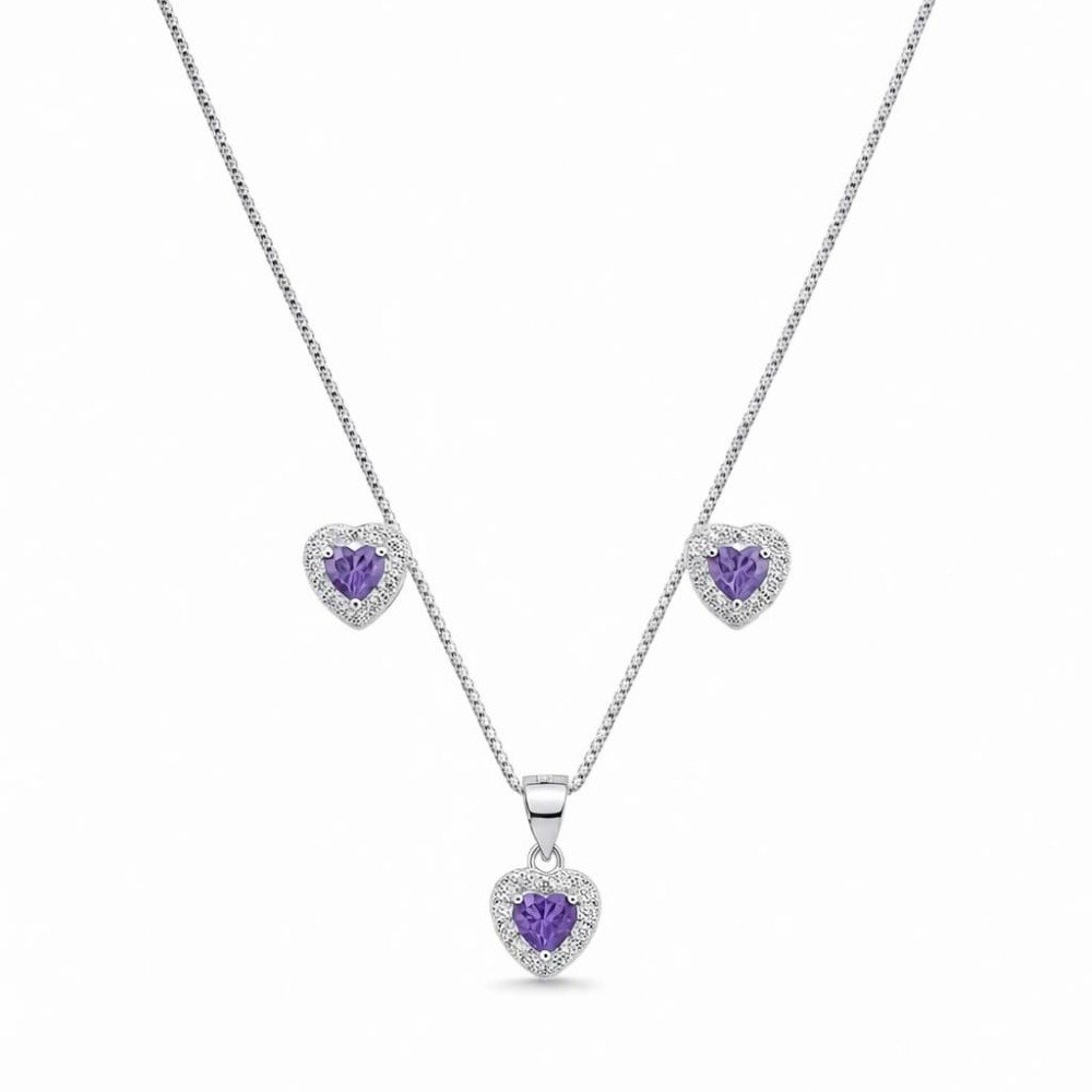 Corrente Pingente e Brincos Coração Roxo - Prata 925