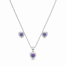 Corrente Pingente e Brincos Coração Roxo - Prata 925