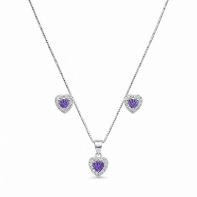 Corrente Pingente e Brincos Coração Roxo - Prata 925