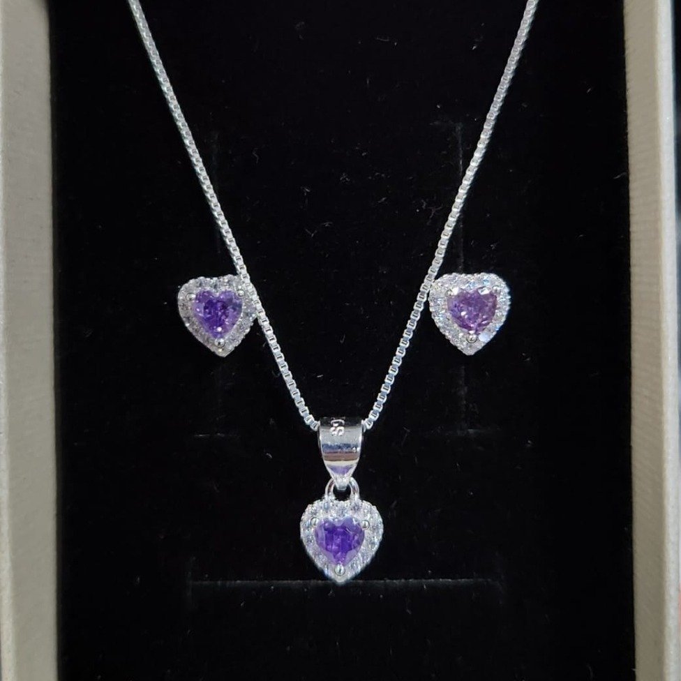 Corrente Pingente e Brincos Coração Roxo - Prata 925