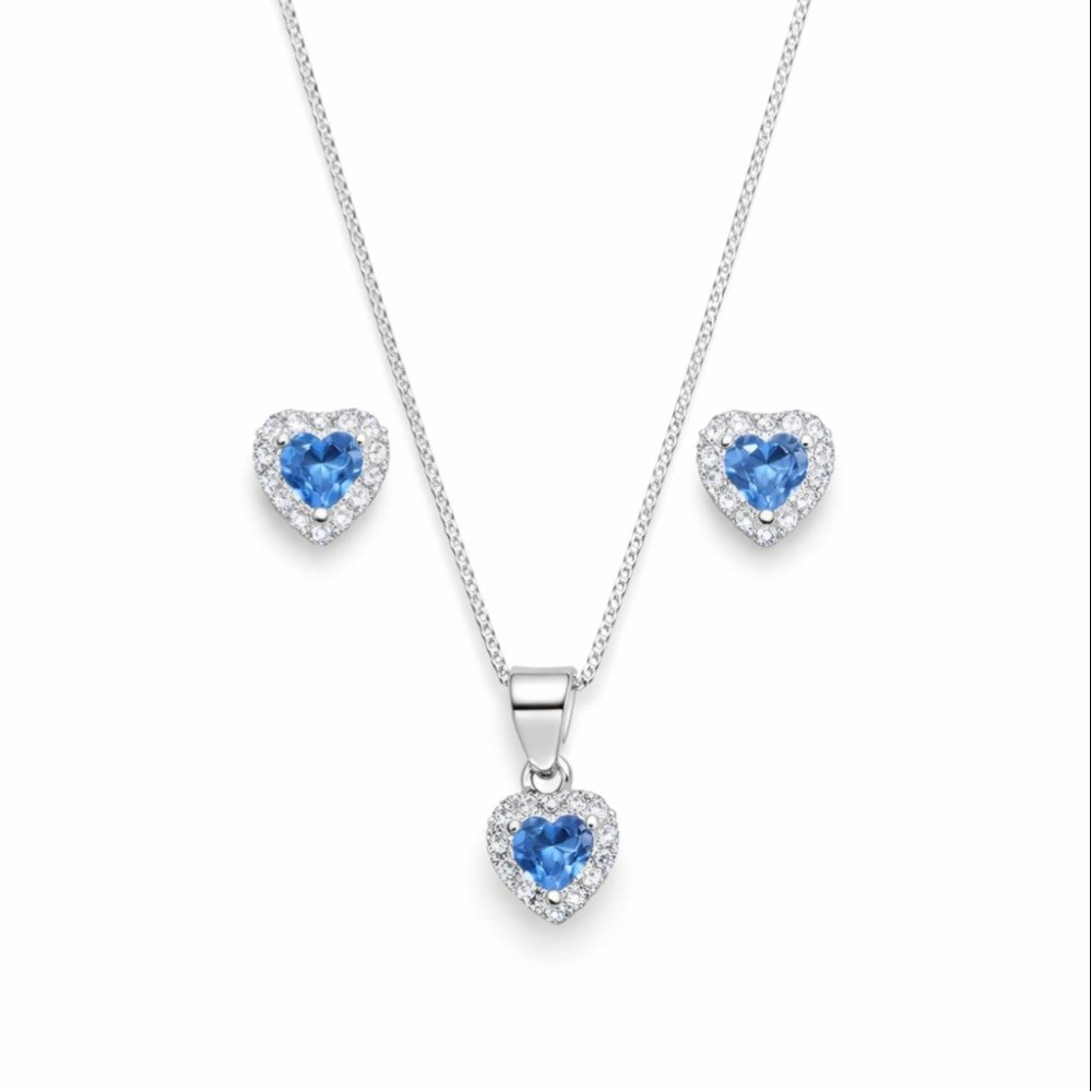 Corrente Pingente Brincos Coração Azul Claro Prata 925