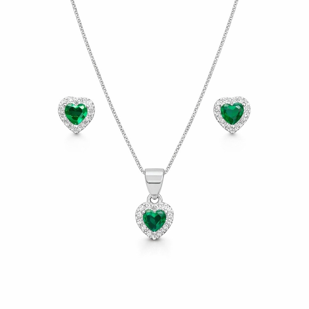 Corrente Pingente e Brincos Coração Verde Prata 925