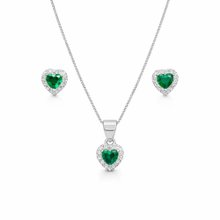 Corrente Pingente e Brincos Coração Verde Prata 925