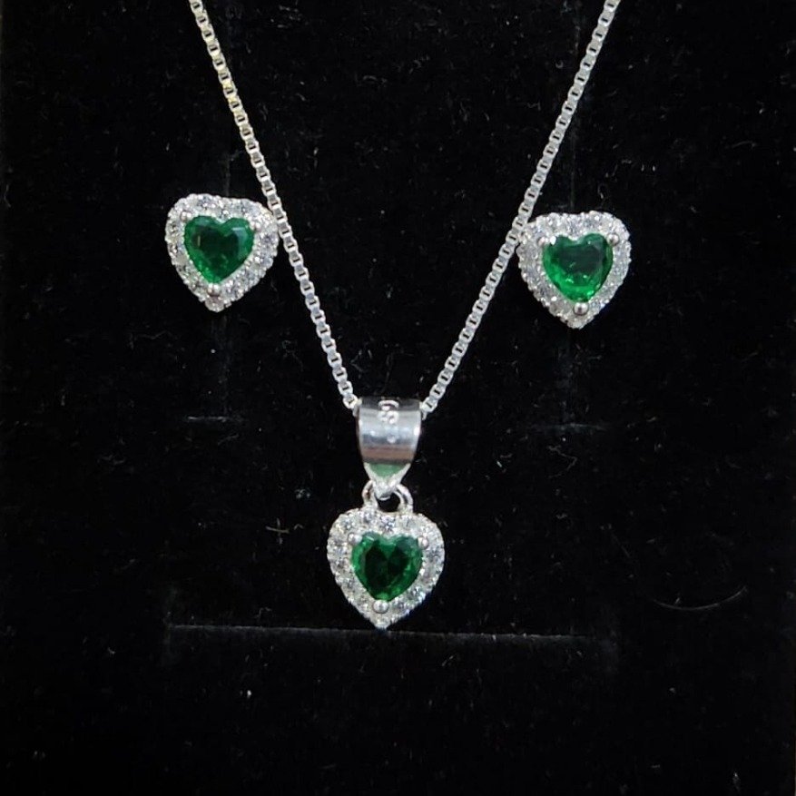 Corrente Pingente e Brincos Coração Verde Prata 925