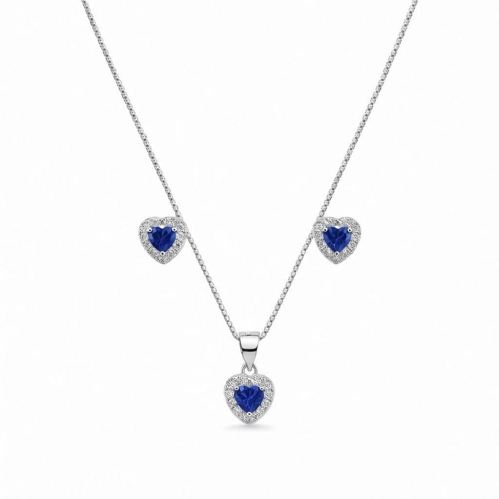 Corrente Pingente e Brincos Coração Azul Prata 925