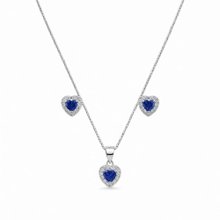 Corrente Pingente e Brincos Coração Azul Prata 925