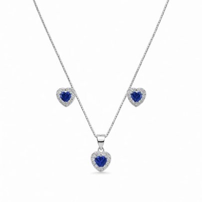 Corrente Pingente e Brincos Coração Azul Prata 925
