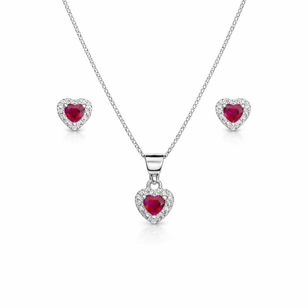 Corrente Pingente e Brincos Coração Pink Prata 925