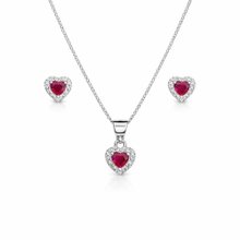 Corrente Pingente e Brincos Coração Pink Prata 925