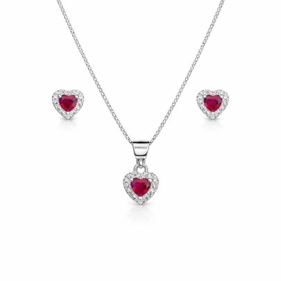 Corrente Pingente e Brincos Coração Pink Prata 925