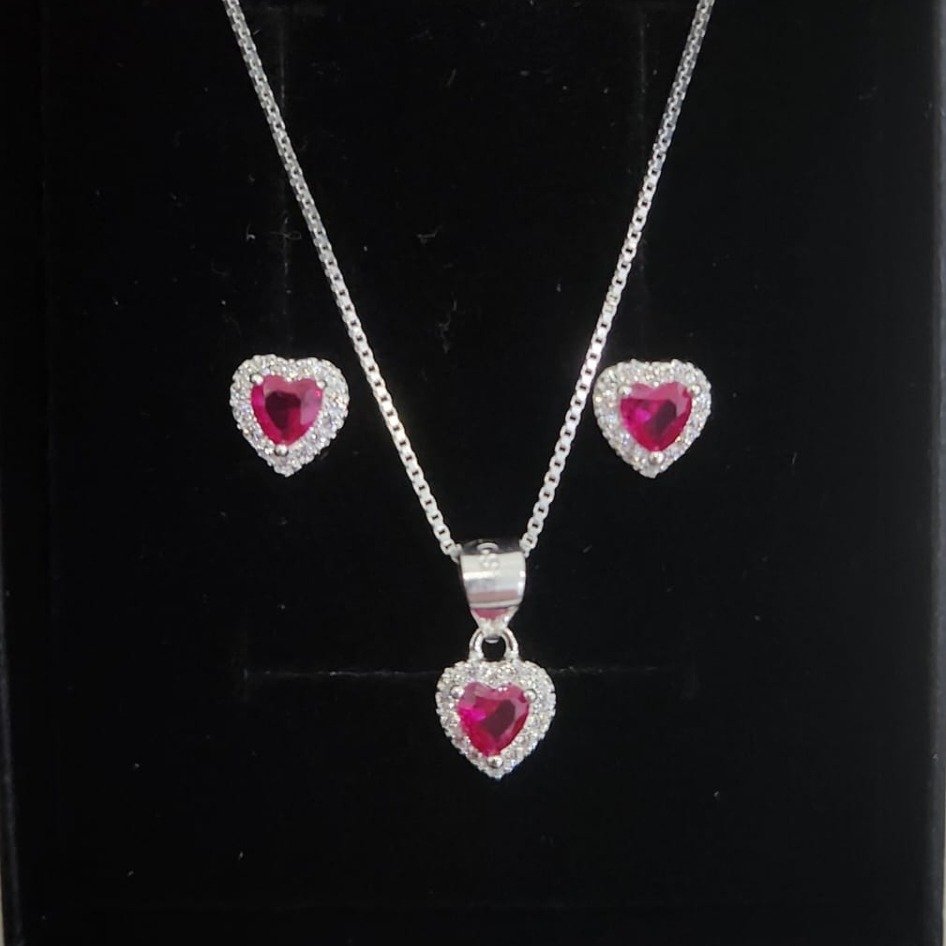 Corrente Pingente e Brincos Coração Pink Prata 925